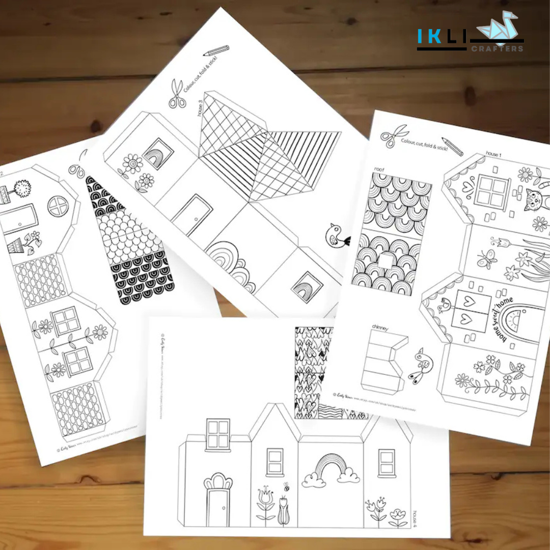 Paper Houses printable activity sheets, instant download, colour, cut and create, fun arts & crafts activity for kids